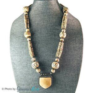 Vintage Long Carved Bovine Bone Native American Style Silver Plated Necklace